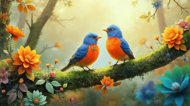 two bluebirds on a mossy branch with flowers