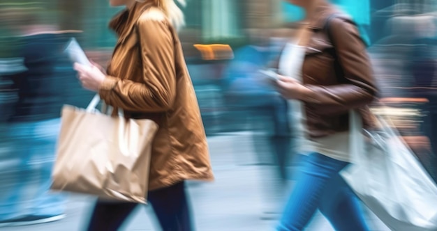 Two blurred in motion women with bags on city street