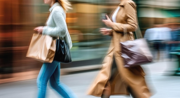 Две размытые в движении женщины с сумками на городской улице