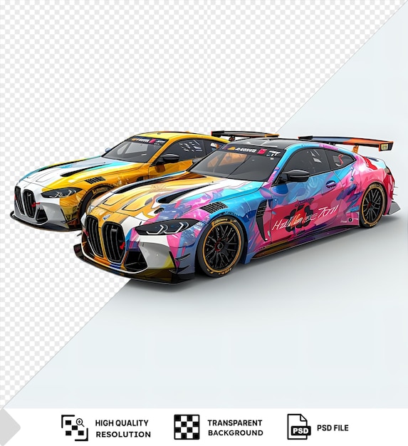 two bmw m4 race cars with abstract designs isolated on white background