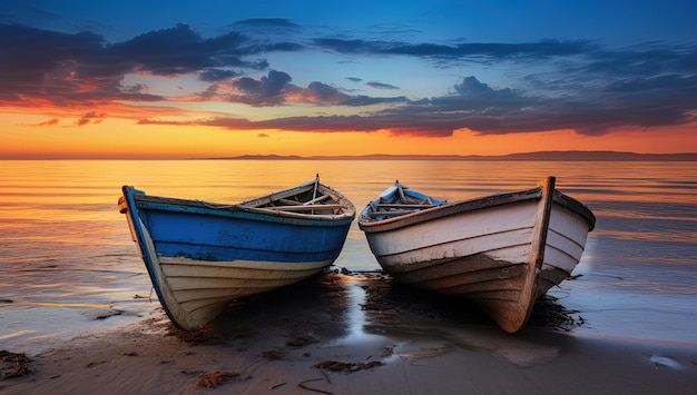 two boats are on the beach and one is blue and the other is blue