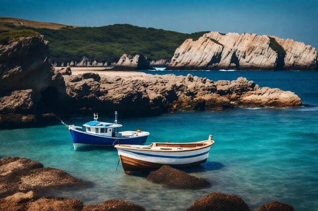 two boats are docked in the water and one has a rope tied to it