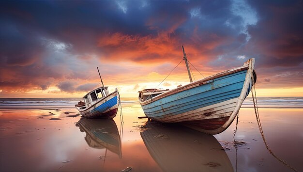 two boats are docked in the water with the sun setting behind them