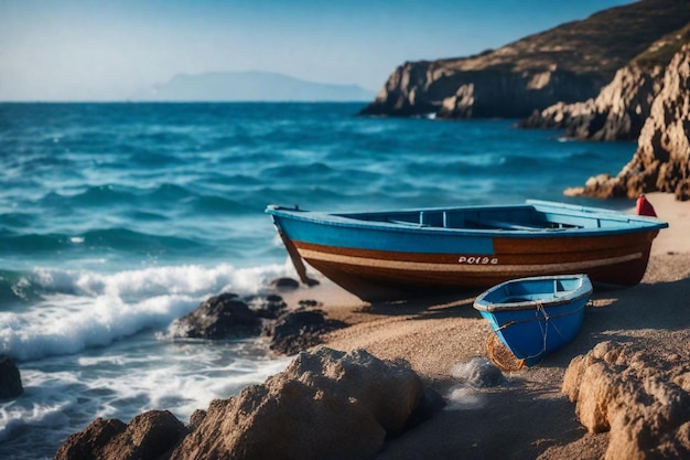 Фото Две лодки на пляже, и океан голубой.