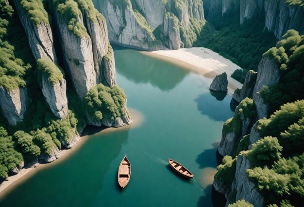 Photo two boats are tied up to a cliff with a cliff in the background