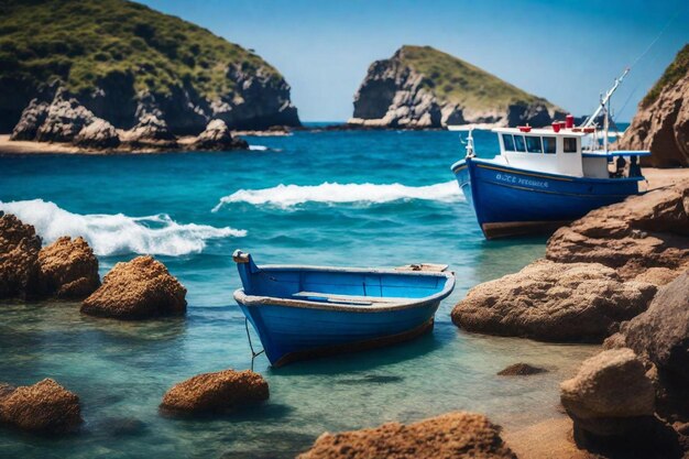 Photo two boats are in the water and one is blue and has a white boat in the water