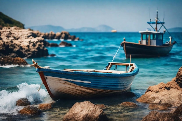 Photo two boats are in the water and one is blue and the other is a boat with a dock in the background