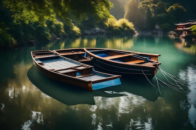 Two boats in a lake with the sun shining on the water.