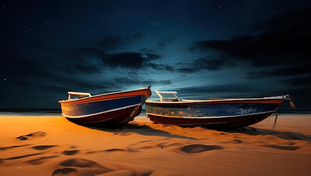 two boats on the sand with the night sky in the background