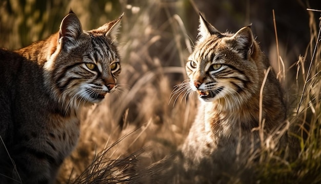 Two bobcats in a field, one of them is looking at the other.