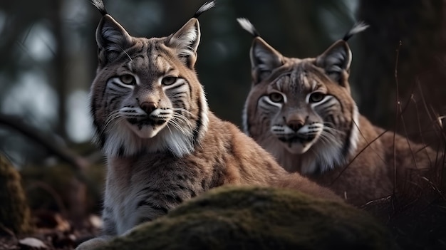 緑の背景の森の中の 2 匹のボブキャット