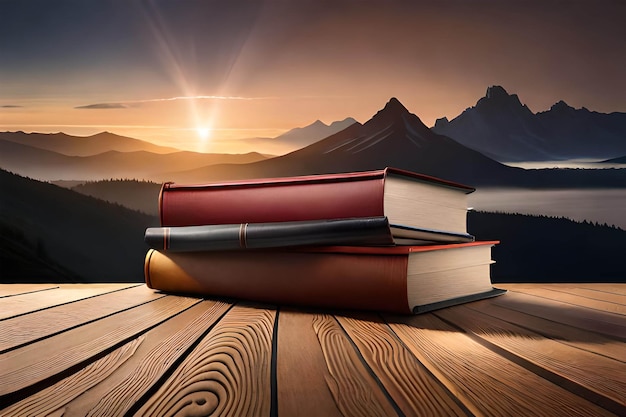 Two books on a table with mountains in the background