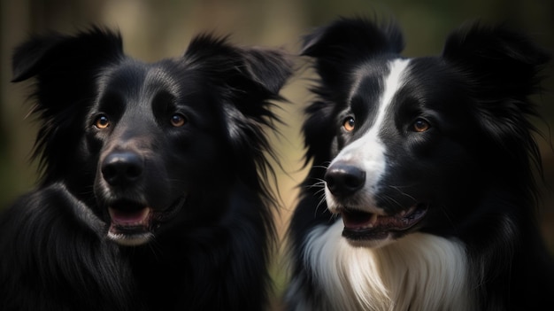 Two border collie dogs sit side by side, one of which is black and white.