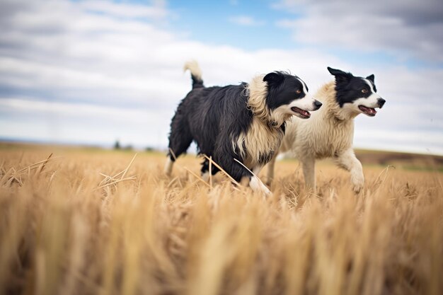 写真 野原で羊を飼っている2匹のボーダー・コリー