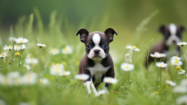 Two boston terrier puppies in a field of flowers