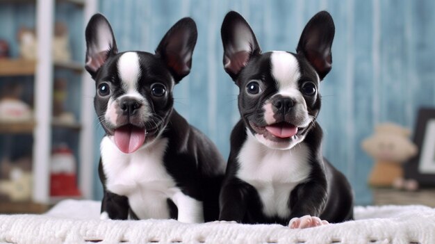 Two boston terriers sitting on a basket with their tongue out