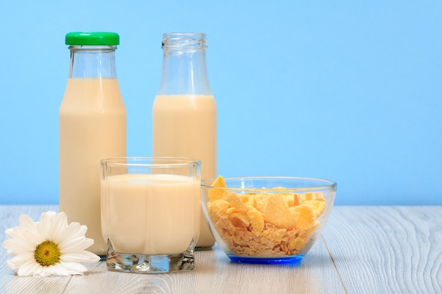 Two bottles and glass of fresh milk, bowl with cornflakes and chamomile flower on blue background