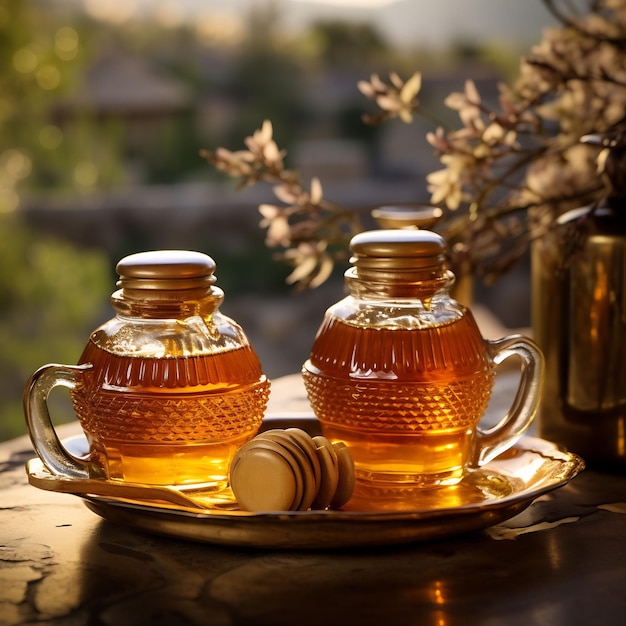 Two bottles of honey with a bottle of honey on the table