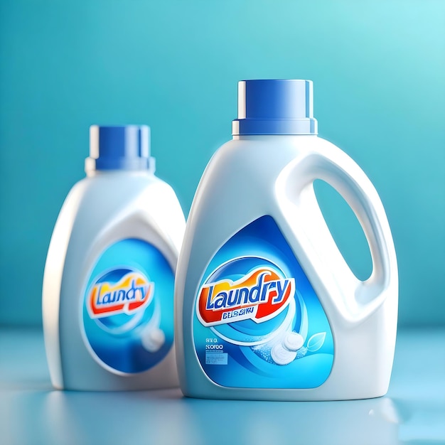 Photo two bottles of laundry product sit on a table.