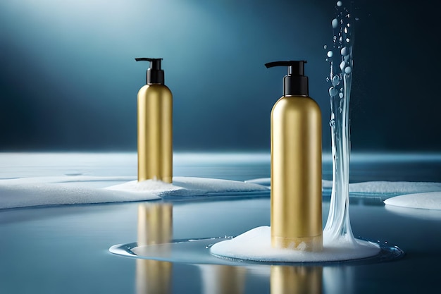 Photo two bottles of liquid soap with a blue background.