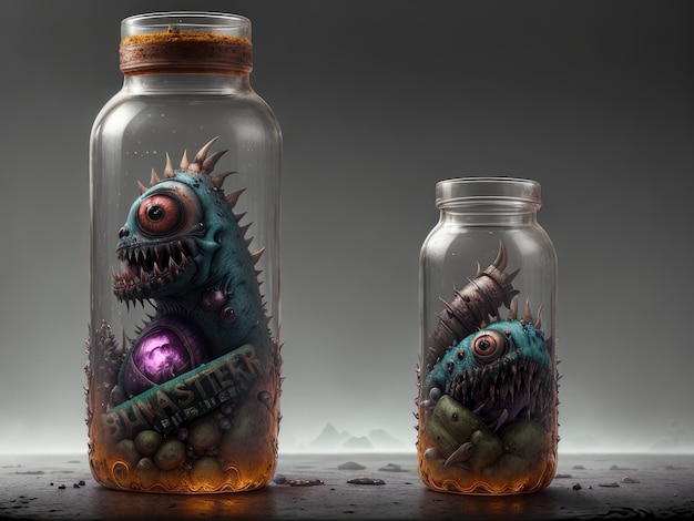 Two bottles of liquid with one with a blue eye and the other with a green eye and the other with a purple eye.