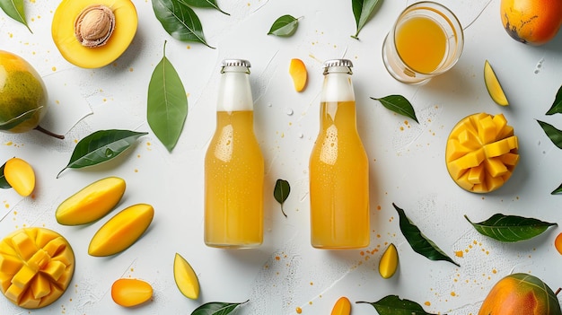 Photo two bottles of mango beer amidst slices of mango on clean background with green leaves ai generated