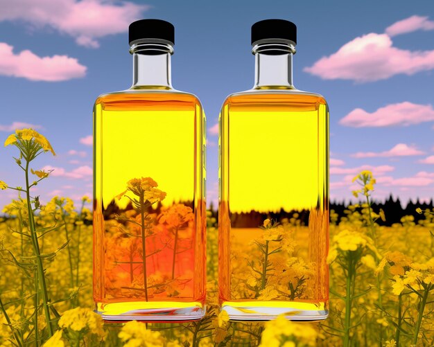 Photo two bottles of oil on a rape field 3d render