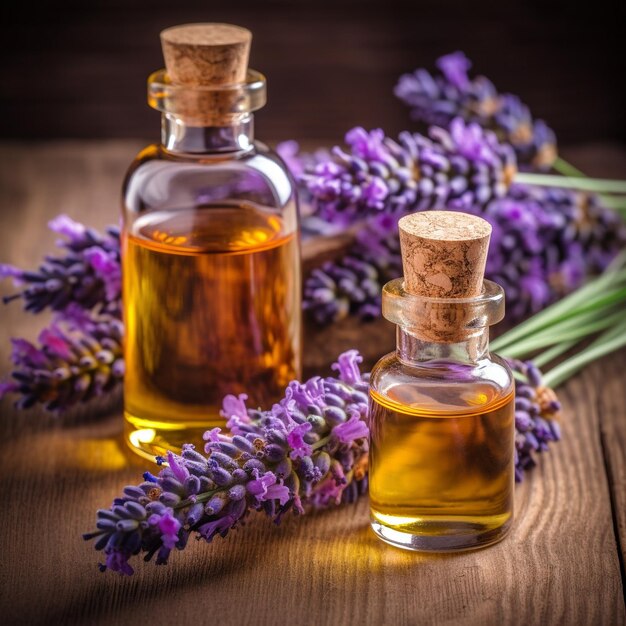 Photo two bottles of oil with a cork in the background