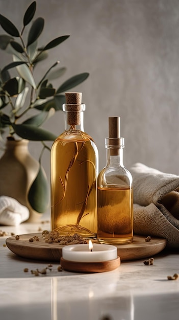 Two bottles of olive oil sit on a wooden tray next to a candle.