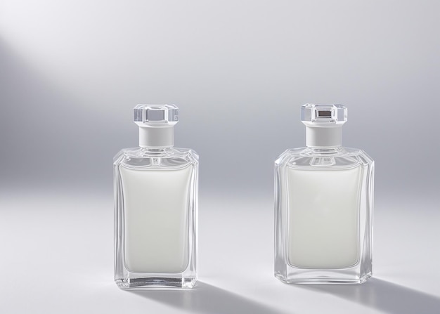 Две бутылки с парфюме на белой поверхности.