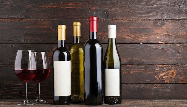 Two bottles of red and white wine On a wooden background