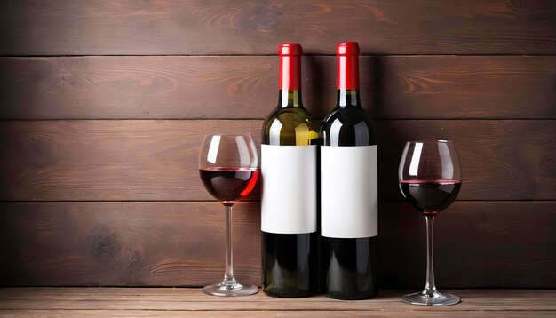 Two bottles of red and white wine On a wooden background