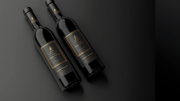 Photo two bottles of red wine on a black background the bottles have black labels with gold text the text on the bottles is in a foreign language