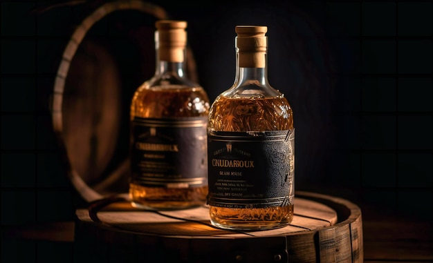 Foto due bottiglie di whisky su un barile su sfondo scuro