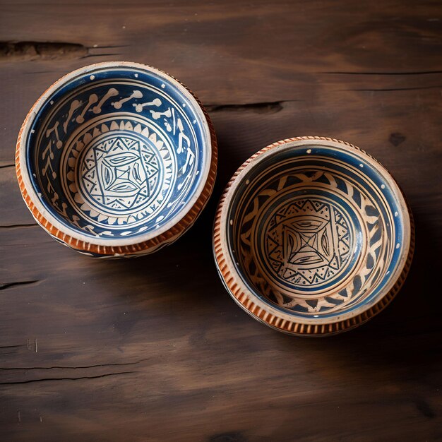 two bowls are laying on a wooden surface
