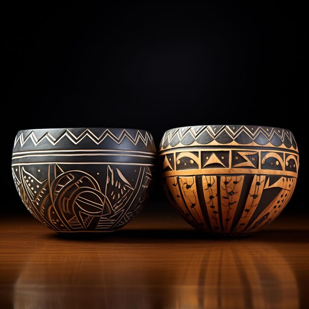 two bowls are sitting on a table with one that has a pattern on it