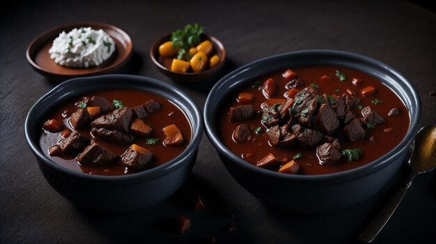 Two bowls of beef stew with a bowl of vegetables and herbs on the side.