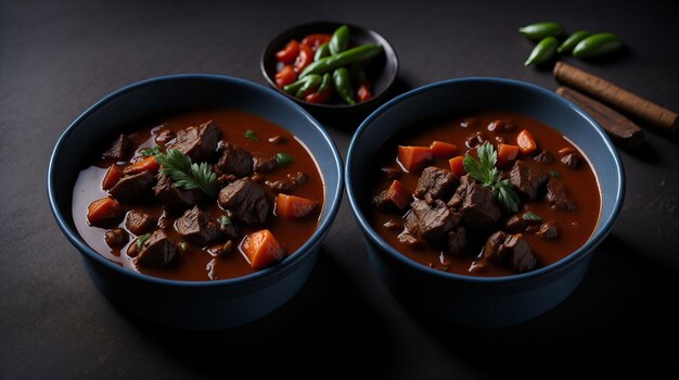 Two bowls of beef stew with vegetables on a dark background