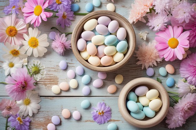 Two bowls of colored eggs on a table with flowers Generative AI