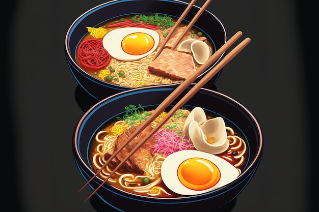 Two bowls of delicious ramen a type of Asian noodle soup with meat broth tofu pork and an egg yolk are shown close up and from the top Asian style hot and flavorful ramen soup for dinner