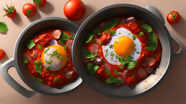 Two bowls of food with one fried egg and the other with basil leaves on the side