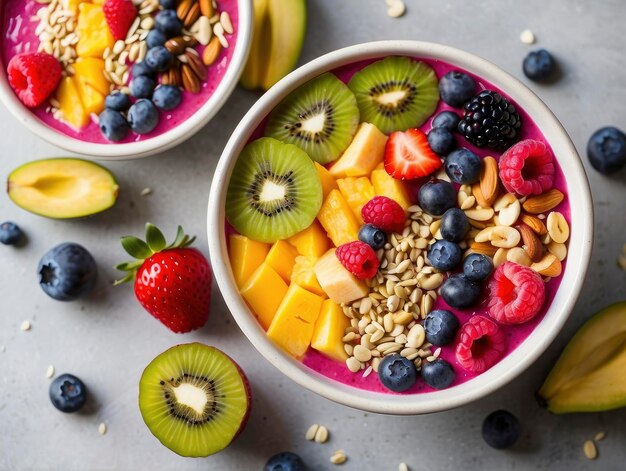 two bowls of fruit and nuts on a table with a variety of fruit