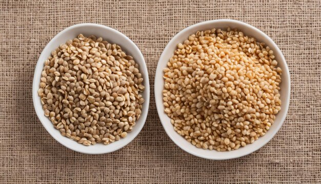 Two bowls of grains on a table