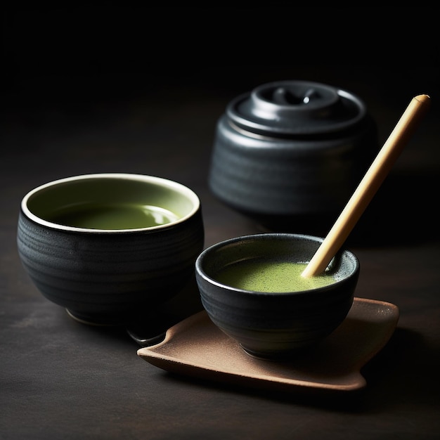Two bowls of green tea with a wooden spoon on a wooden tray.