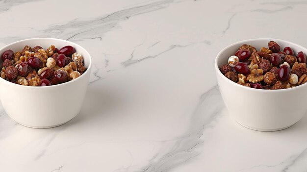 Two bowls of nuts are on a white counter