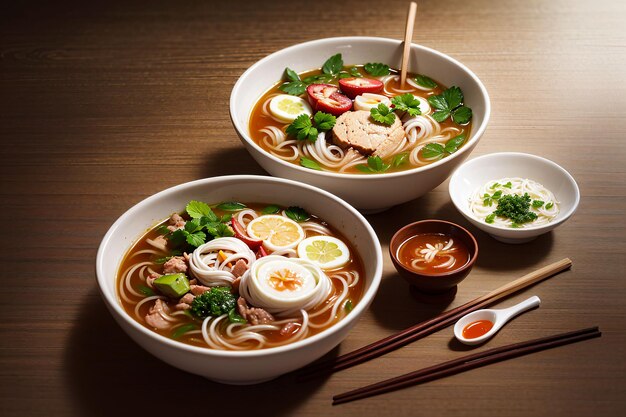 Two bowls of pho with a bowl of noodles and a bowl of green vegetables.