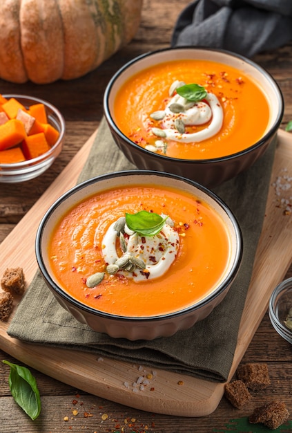 Two bowls of pumpkin soup with basil and cream on a wooden background. Vertical view, close-up.
