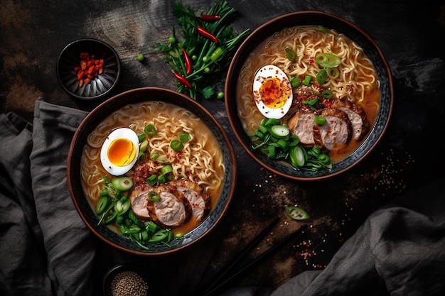 Two bowls of ramen with a fried egg on the top.