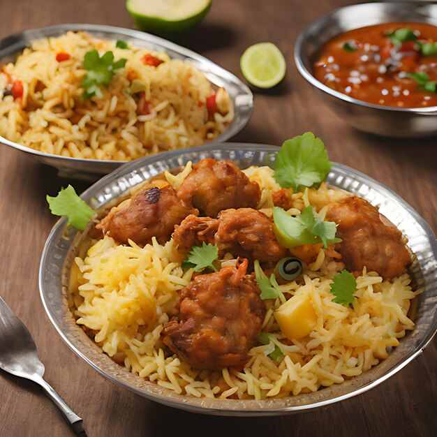 Photo two bowls of rice with rice and chicken and rice