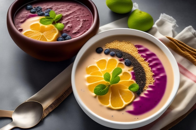 Two bowls of smoothies with different fruits and the word on the top